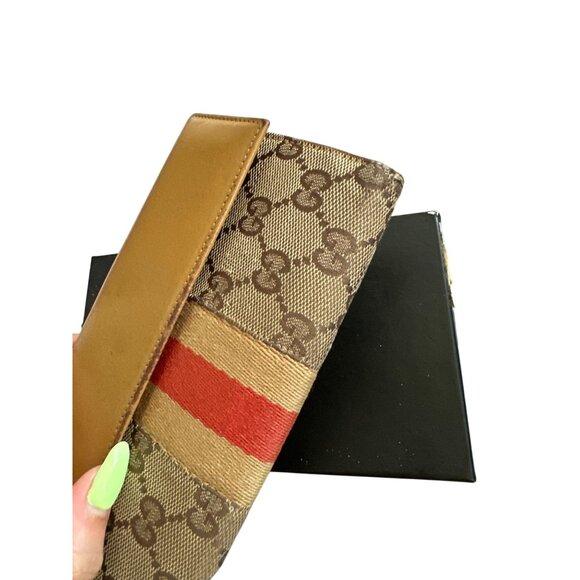 GUCCI Vintage Striped Logo Brown Tan Long Clutch Wallet w/ Box - Picture 4 of 13
